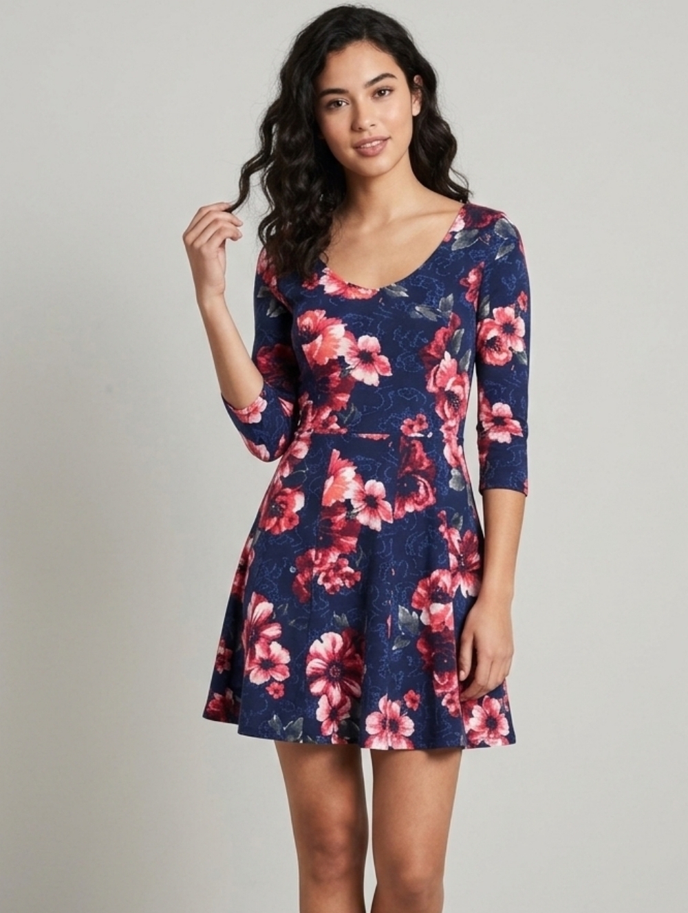 Hollister Floral Print Skater Mini Dress 3/4 Sleeve Size S